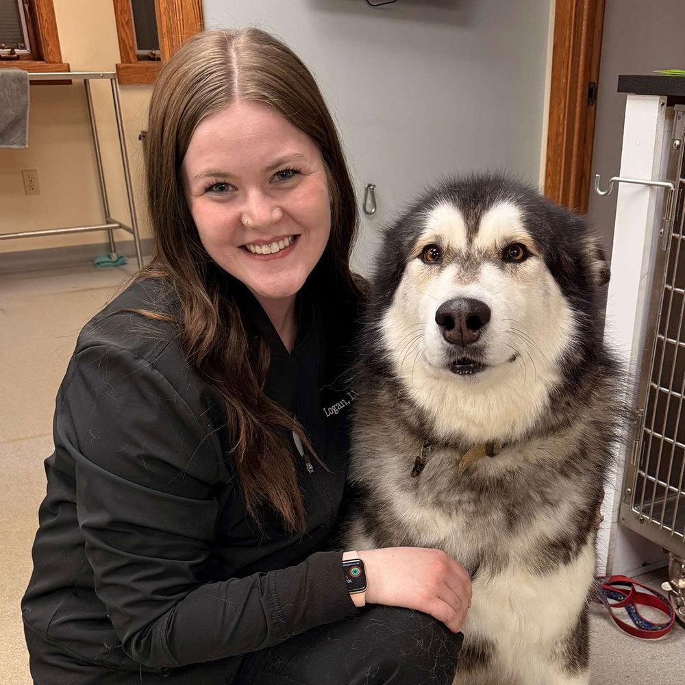 veterinary technician posing for a photo with a Husky