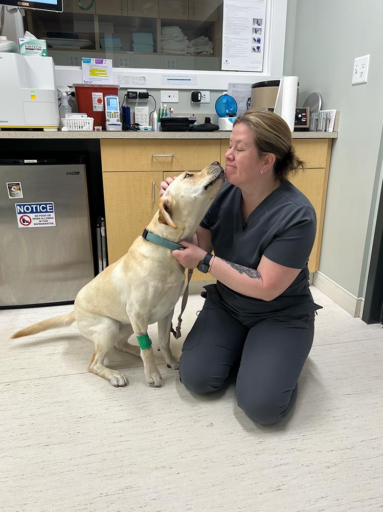 female staff member sitting on floor and petting dog